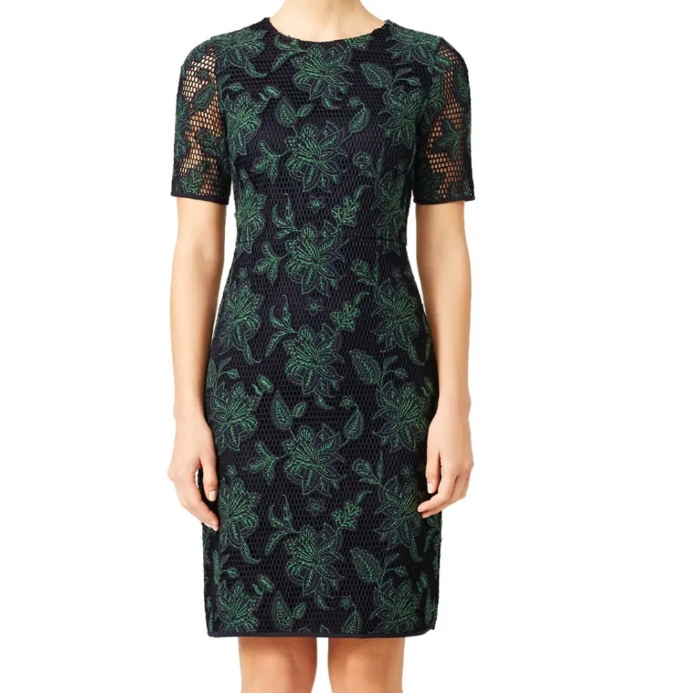 Tory Burch Black Lace Midi Dress with Green Floral Embroidery